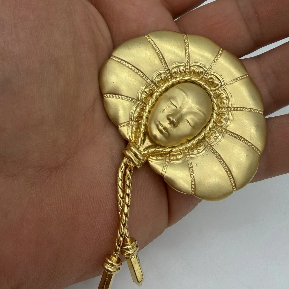 Vtg JJ Jonette Women Face Brooch Goddess Headdress Tassel Art Deco Large Rare